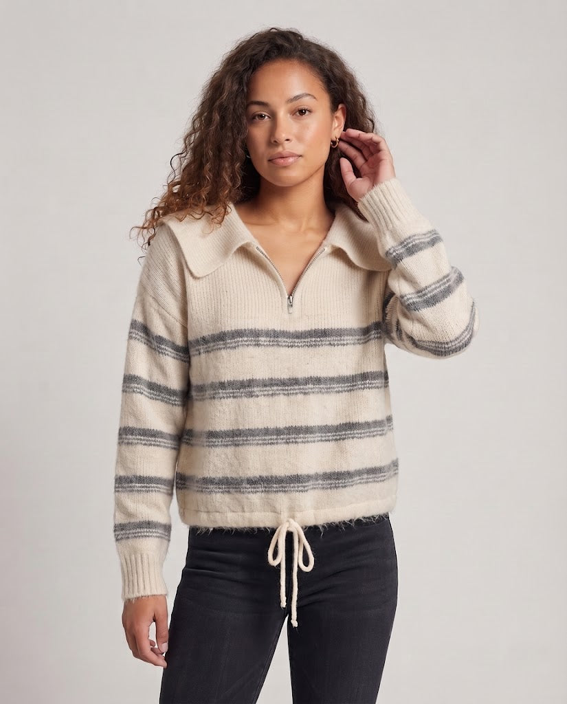 Damen Flauschiger Mohair-Blend Pullover mit übergroßem Matrosenkragen, halbem Reißverschluss und Kordelzug Drune
