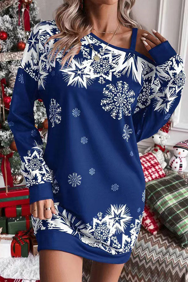 Drune | Weihnachts-Schneeflocke Kalt-Schulter Lockeres Sweatshirt Mini Kleid