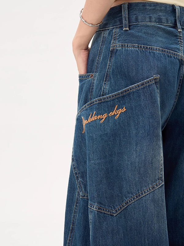 Drune | Blaue Boyfriend Jeans mit Großen Taschen und Weitem Krummschnitt
