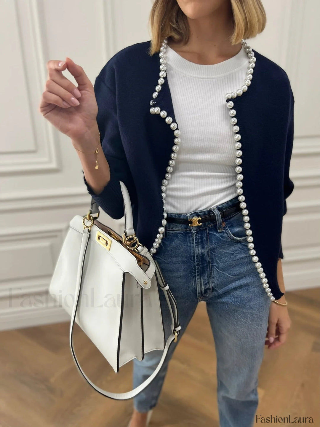 Drune | Knit cardigan with pearl embellishments and frayed hem