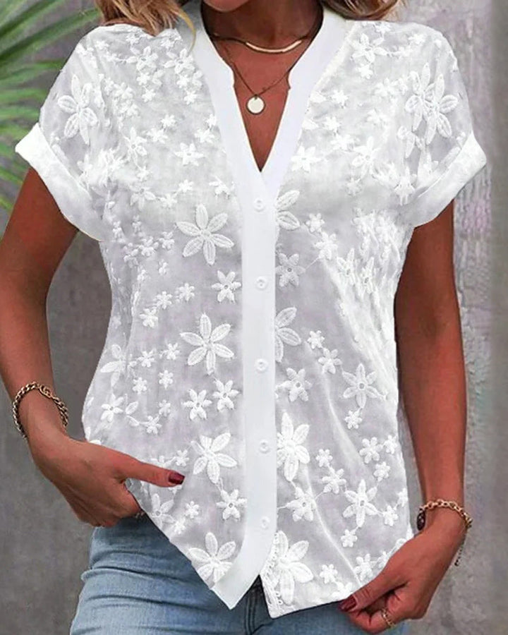 Drune | Kurzärmlige Blumenbluse mit V-Ausschnitt