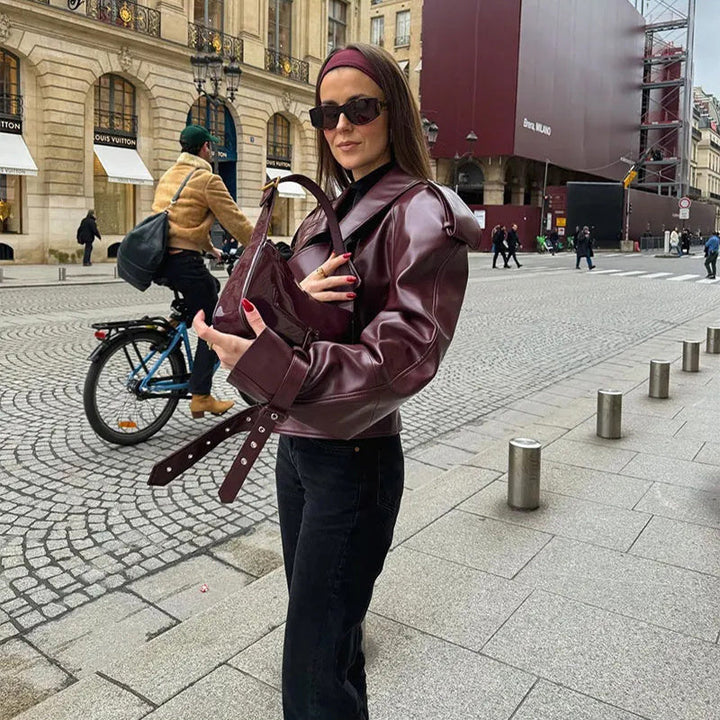 Drune | Kurzjacke Aus Luxuriösem Bordeaux Glänzendem Leder