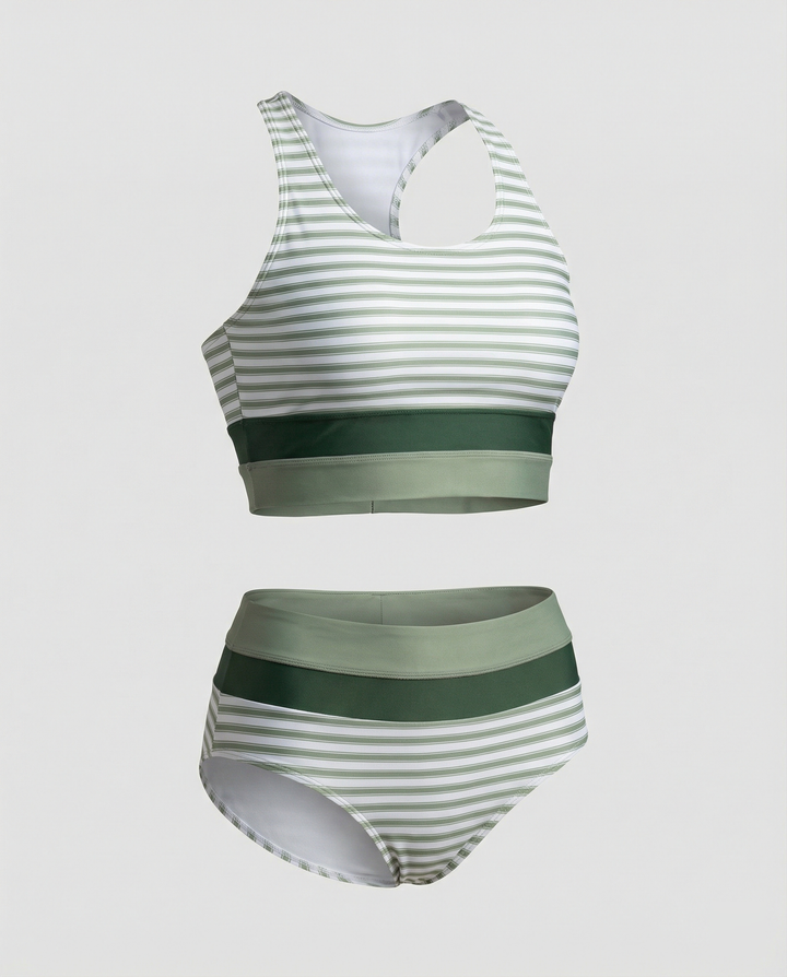 Drune | Gestreiftes Reißverschluss-Rücken Schick Bikini Set