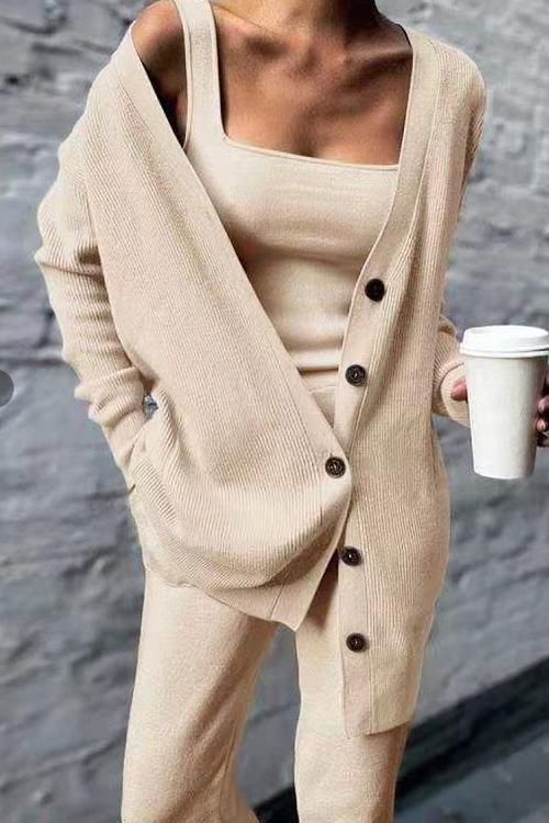 Drune | Rosiedress Breite Träger Tanktop Knopfleisten Cardigan und Lange Hose 3 Teile Loungeanzug Set