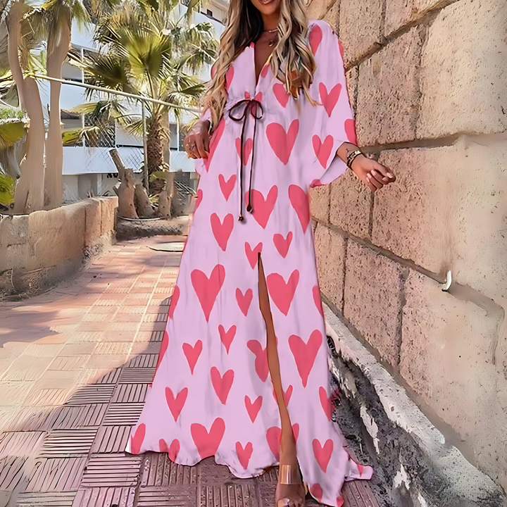Drune | Luxuriöses Langärmeliges Boho Drucken Langes Kleid mit Gürtel