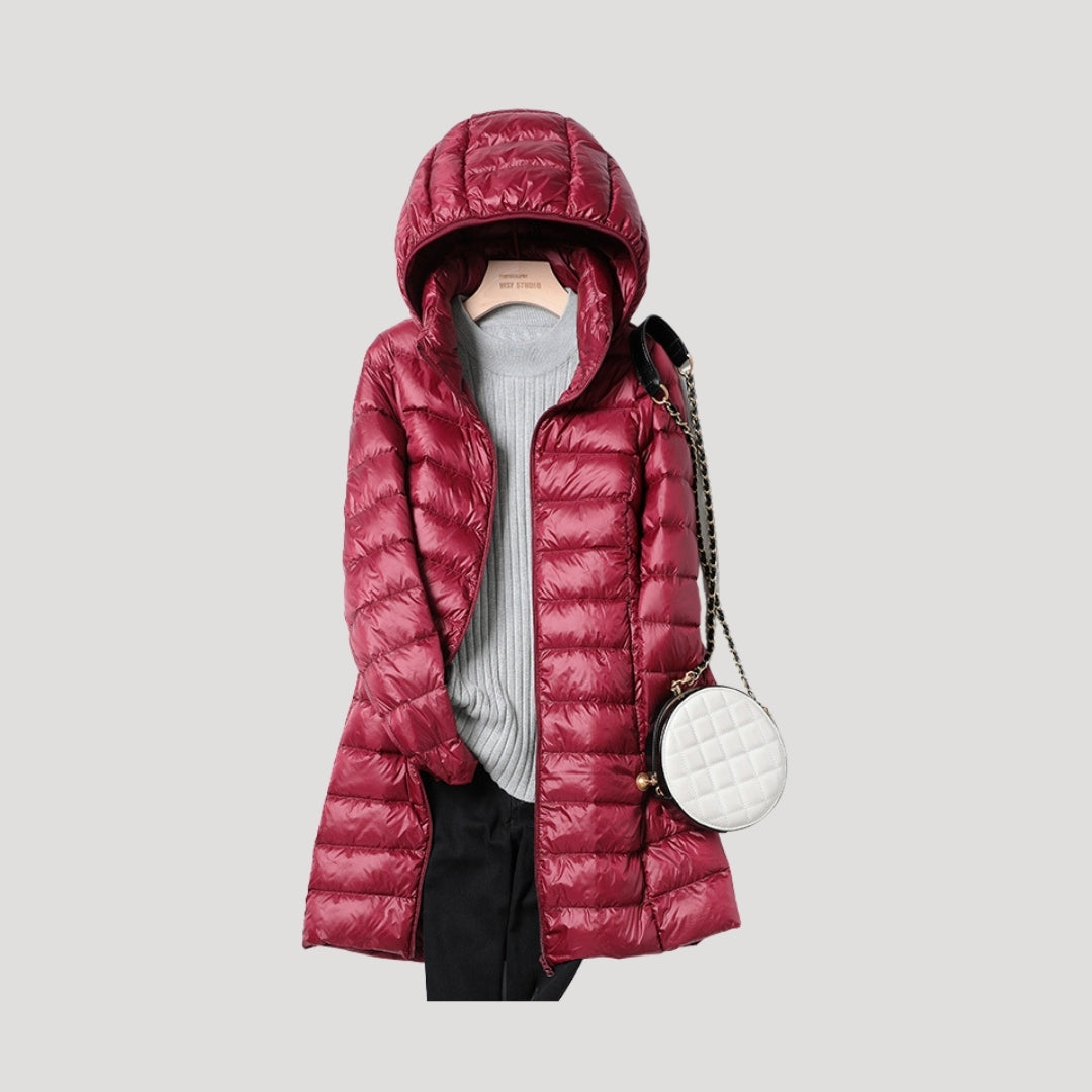 Drune | Damen lange gepolsterte Winter-Puffermantel mit Kapuze