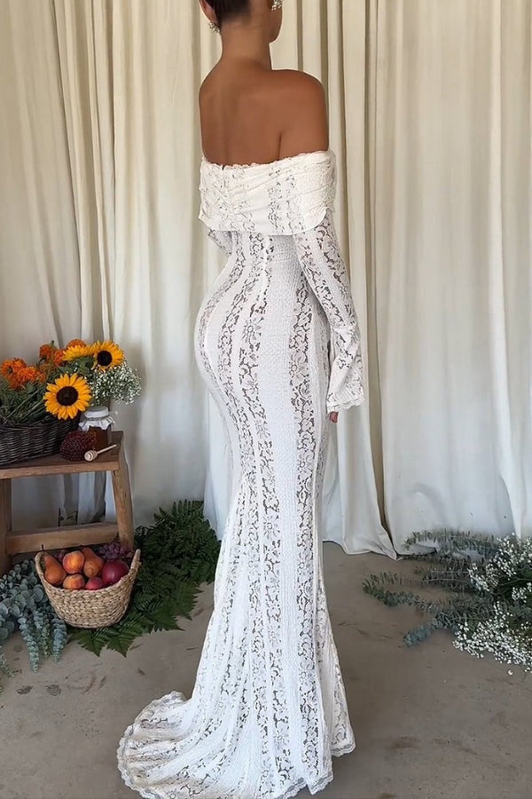 Drune | Blumen Spitze Off Shoulder Flare Ärmel Fishtail Maxi Kleider - Weiß