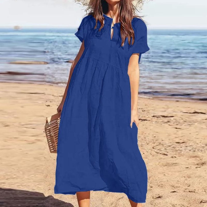 Drune | Einfarbiges kurzärmeliges Freizeitkleid mit V-Ausschnitt