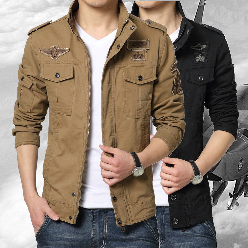 Herren Militärinspirierte Canvas-Fieldjacke mit Mehrfach-Taschen und Stehkragen Drune
