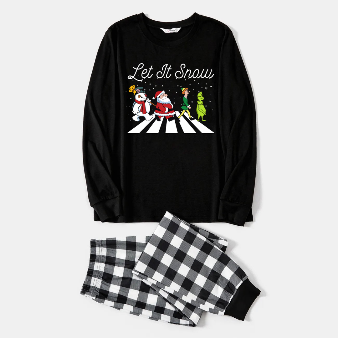Drune | Paar Schwarz und Weiß Karierte Weihnachts-Pyjama-Set mit Weihnachtsmann und Cartoon-Muster Druck