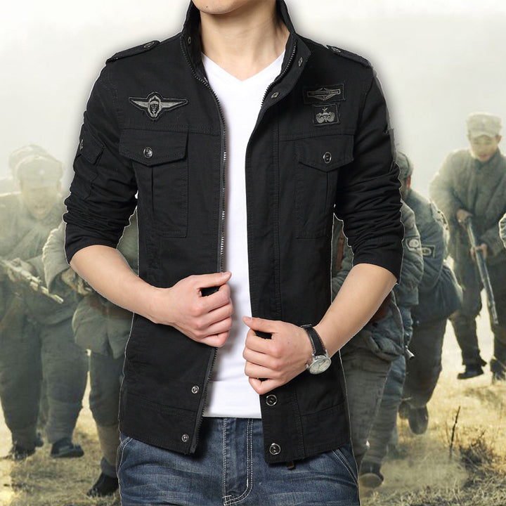 Herren Militärinspirierte Canvas-Fieldjacke mit Mehrfach-Taschen und Stehkragen Drune