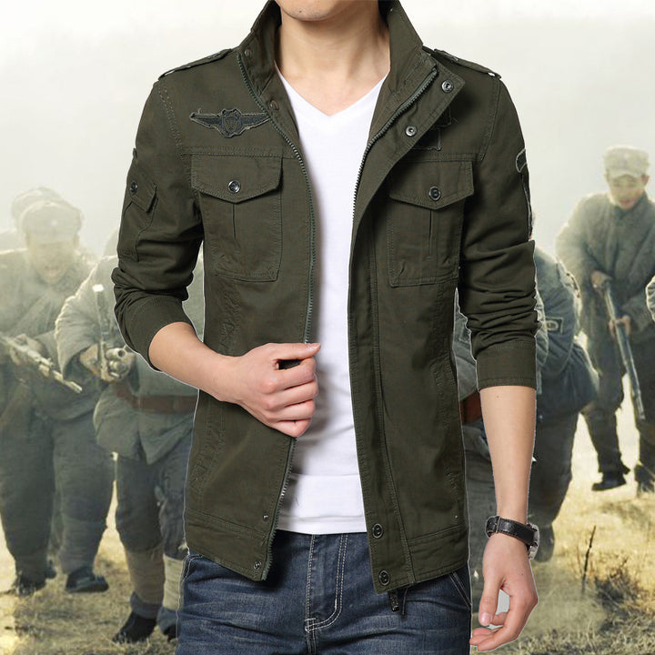 Herren Militärinspirierte Canvas-Fieldjacke mit Mehrfach-Taschen und Stehkragen Drune