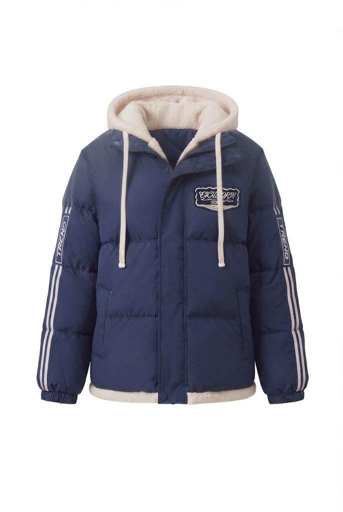 Damen trendige gesteppte Kapuzenjacke mit hochwertiger Teddy-Innenkonstruktion und sportlichen gestreiften Ärmeln