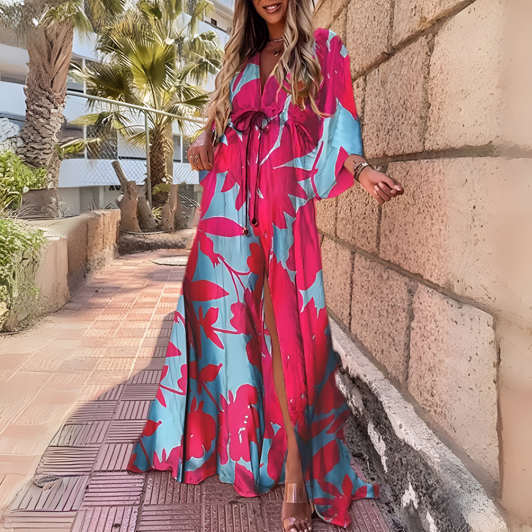 Drune | Luxuriöses Langärmeliges Boho Drucken Langes Kleid mit Gürtel