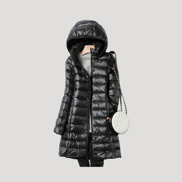 Drune | Damen lange gepolsterte Winter-Puffermantel mit Kapuze