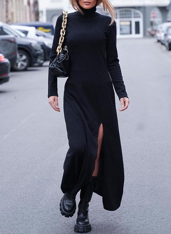 Drune | Rosiedress Rollkragen Langarm Hochgeschlitztes Maxikleid