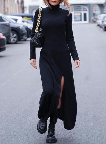 Drune | Rosiedress Rollkragen Langarm Hochgeschlitztes Maxikleid