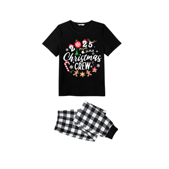Drune | Weihnachts Crew 2025 Familien Schlafanzug Set - Schwarzes Oberteil Schwarze und Weiße Karierte Hose Zuckerstange und Plätzchen Grafik