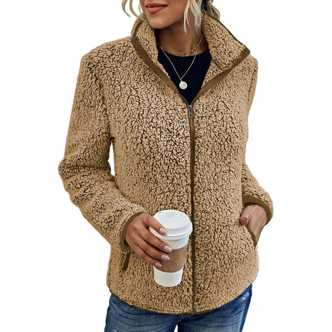 Drune | Weiche Damen Teddyjacke Mit Hohem Kragen Und Reißverschluss