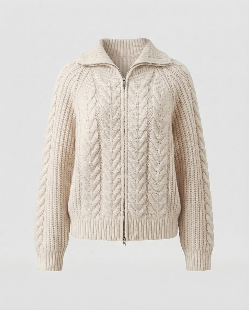 Damen Boxy-Zopfstrickjacke mit kurzem Schnitt, Frontreißverschluss und breitem Stehkragen Drune
