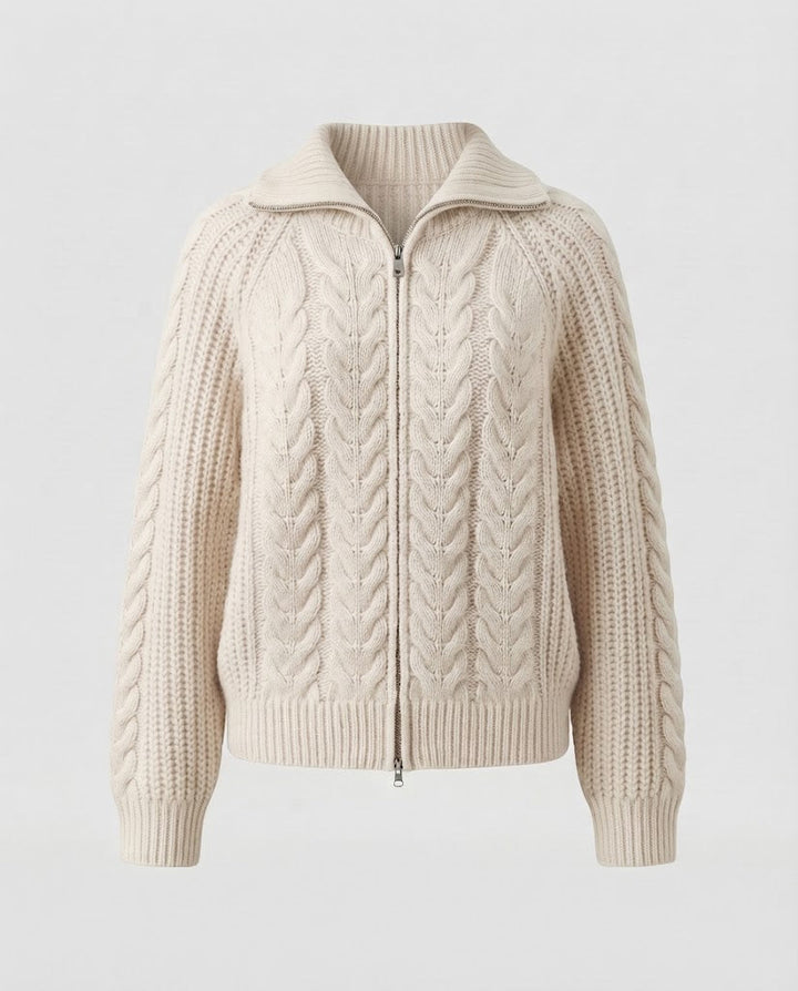 Damen Boxy-Zopfstrickjacke mit kurzem Schnitt, Frontreißverschluss und breitem Stehkragen Drune