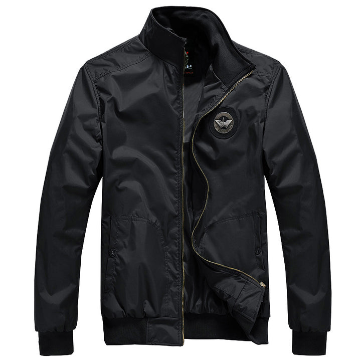 Men's  sleek nylon storm bomber jacket with stand collar fleece-lined throat and zip-front welt pockets Drune