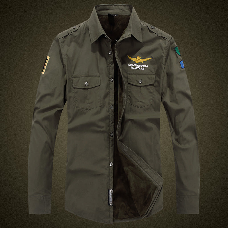 Herren  isolierte Military-Style Shirtjacke mit gestickten Patches und Kunstpelzfutter Drune