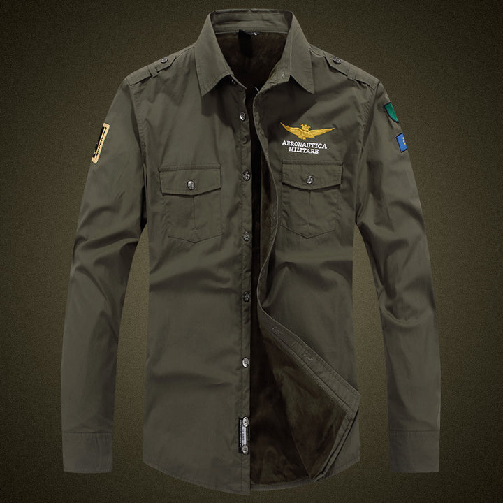 Herren  isolierte Military-Style Shirtjacke mit gestickten Patches und Kunstpelzfutter Drune