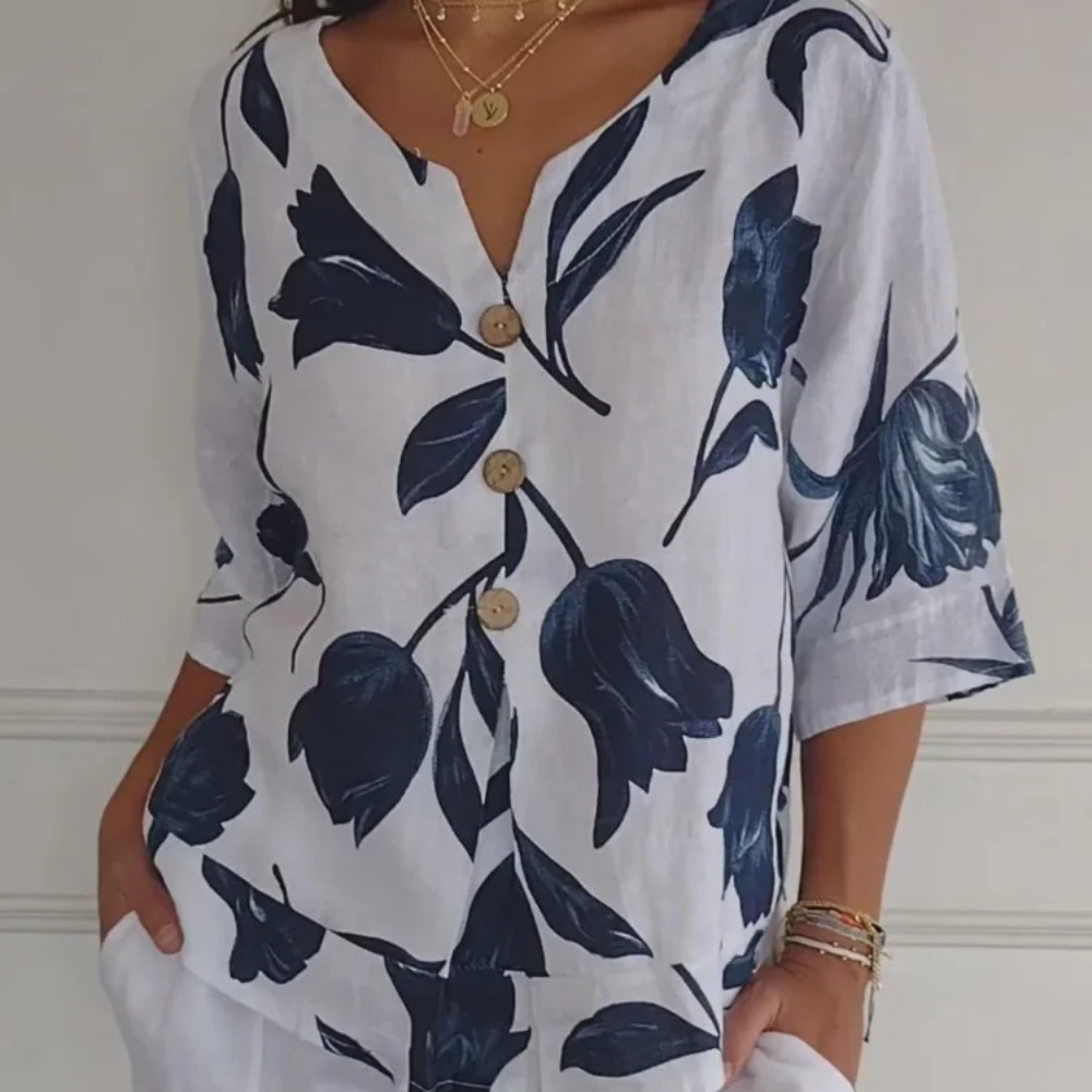 Drune | Blumenprint-Button-Up-Leinenbluse für Damen