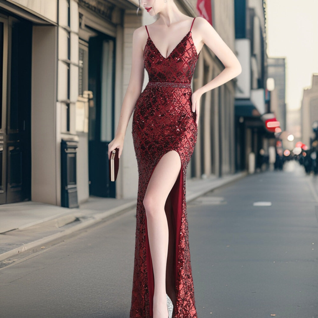 Drune - Luxuriöses Pailletten Kleid mit seitlichem Schlitz