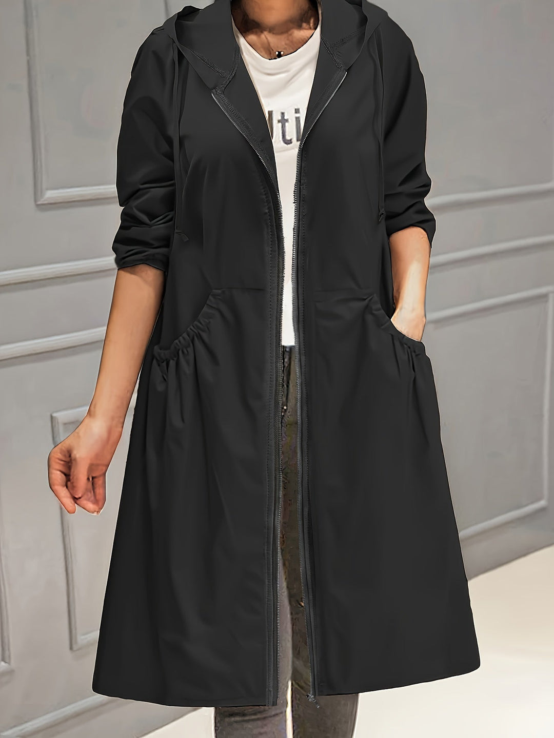 Drune | Damen Lässig Lange Jacke Mit Kapuze Und Reißverschluss