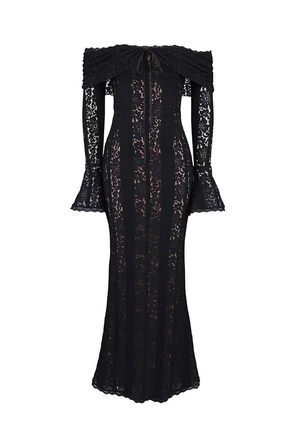 Drune | Blumen Spitze Off Shoulder Flare Ärmel Fishtail Maxi Kleider - Weiß