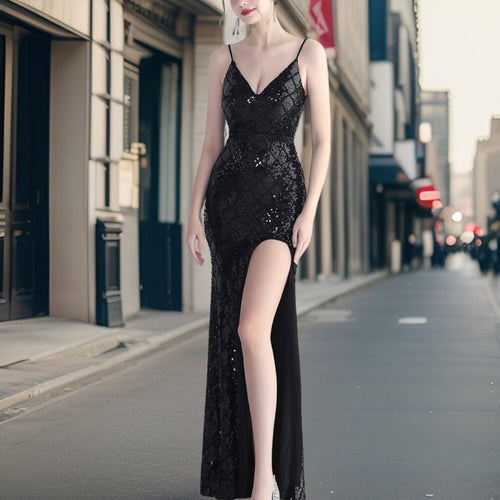 Drune - Luxuriöses Pailletten Kleid mit seitlichem Schlitz