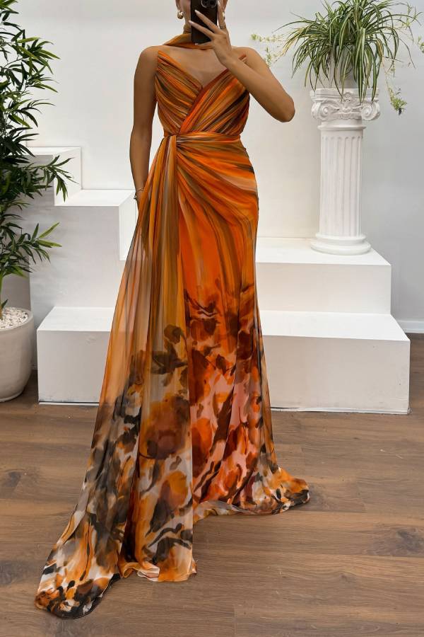 Drune | In A Dreamland Chiffon Floral Print Off Shoulder Pleated Scarf Slit Maxi Kleid