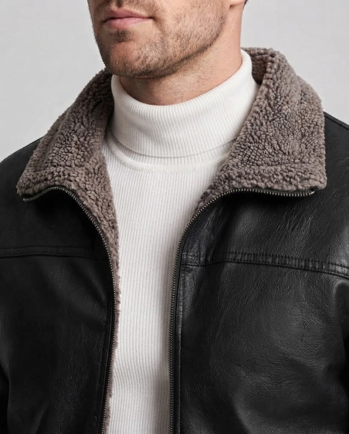 Herren Jacke aus synthetischem Leder mit vollem Teddy-Fleece-Futter und hohem Stehkragen drune