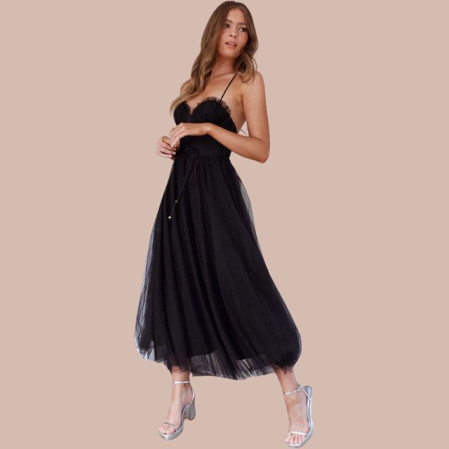 Drune | Spaghetti-Träger-Tüll-Midikleid