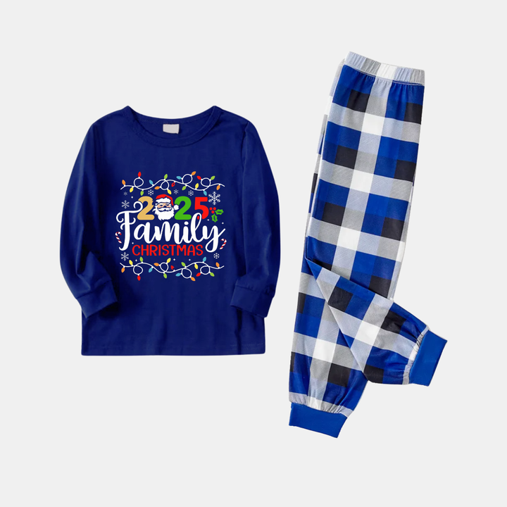 Drune | Marineblaues & Weißes Karomuster Weihnachts-Pyjama-Set mit Weihnachtslichtern und "2025 Familien-Weihnachten" Textdruck
