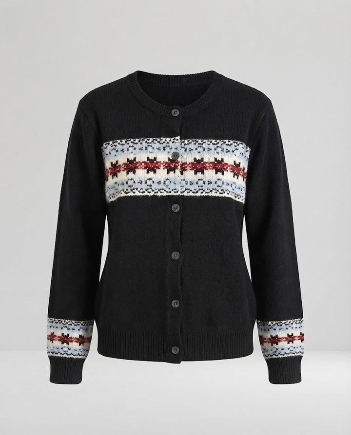 Damen Cardigan mit horizontaler Intarsien‑Bordüre, Rundhals und Knopfleiste Drune