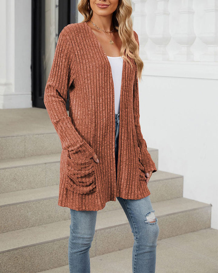Drune | Lässiger Einfarbiger Cardigan mit Langen Ärmeln und Tasche