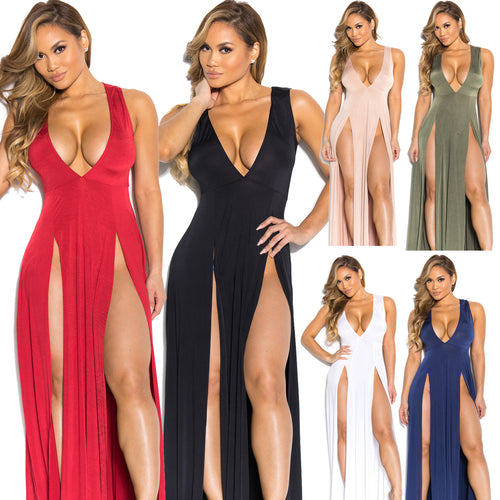 Damen elegantes Maxikleid mit tiefem V-Ausschnitt und seitlichen Schlitzen Drune