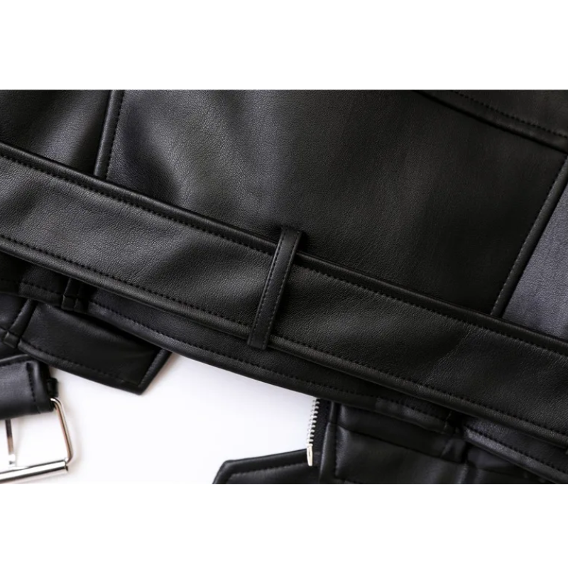 Drune | Damen-Biker-Lederjacke mit Reißverschlüssen und Gürtel