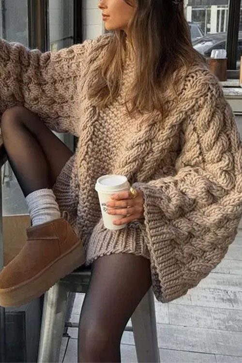 Drune | Rosiedress Rundhals Übergroße Zopfmuster Pullover