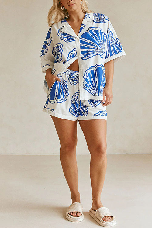 Drune | Rosiedress V-Ausschnitt Kurzarmshirt und Shorts mit Kordelzug Taillierung Muscheldruck Set