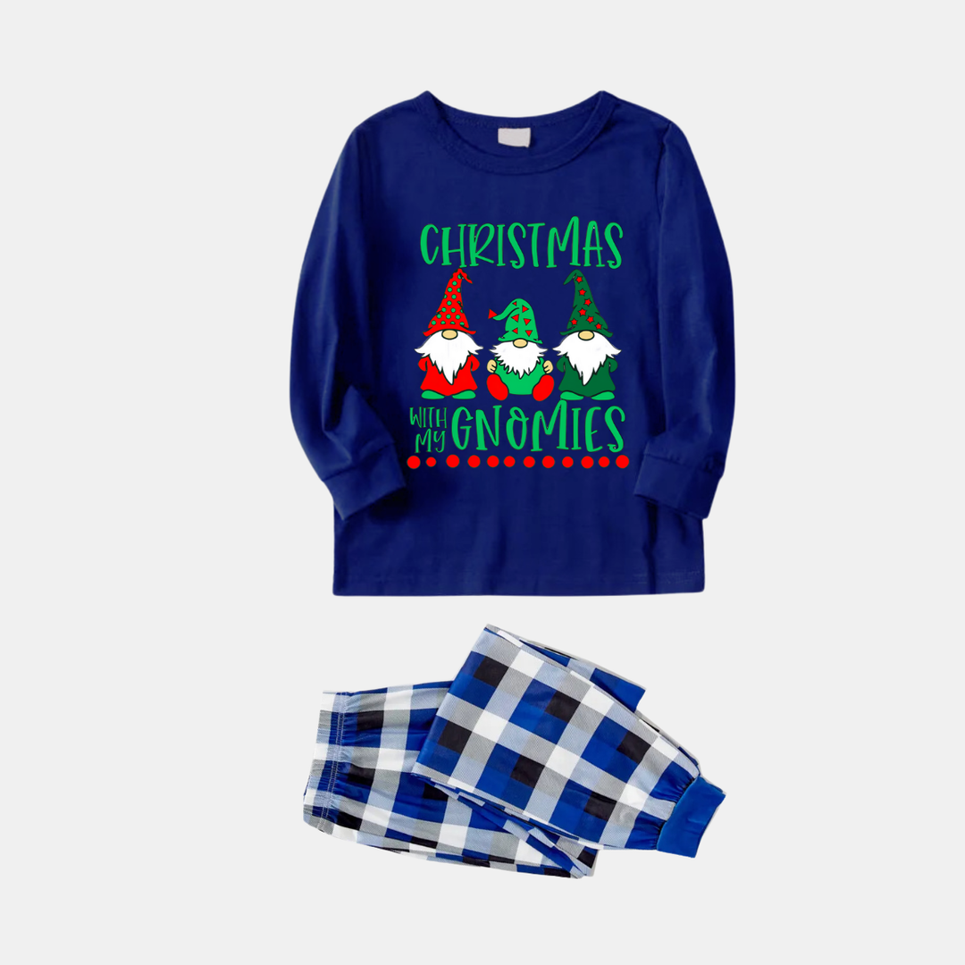 Drune | Marineblaues und weißes karierter Weihnachts-Pyjama-Set mit "Weihnachten mit meinen Gnomies" Textdruck