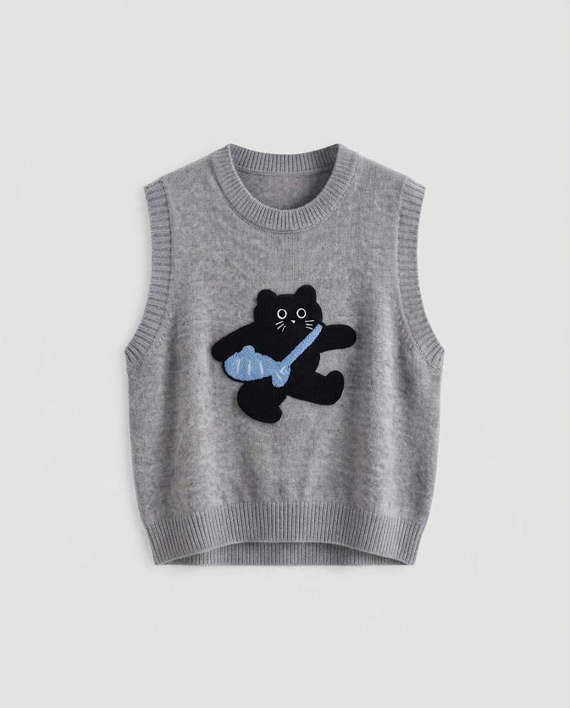 Damen Gestrickte ärmellose Weste mit aufgesticktem Katzenmotiv und Rippbündchen Drune