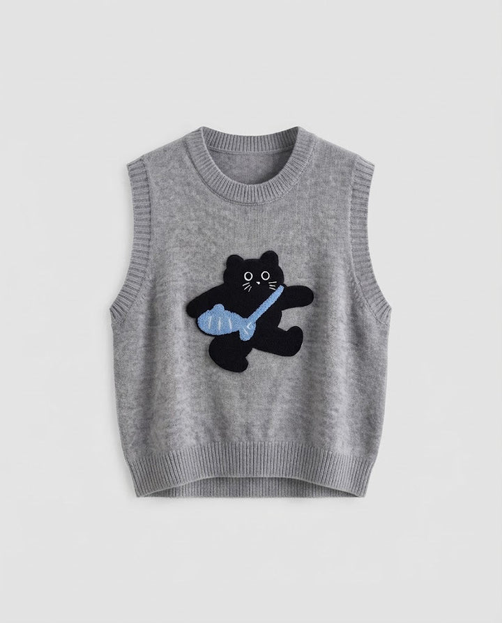 Damen Gestrickte ärmellose Weste mit aufgesticktem Katzenmotiv und Rippbündchen Drune