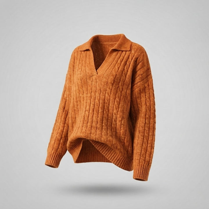 Damen Oversize Rippstrick-Pullover mit V-Ausschnitt und Hemdkragen Drune