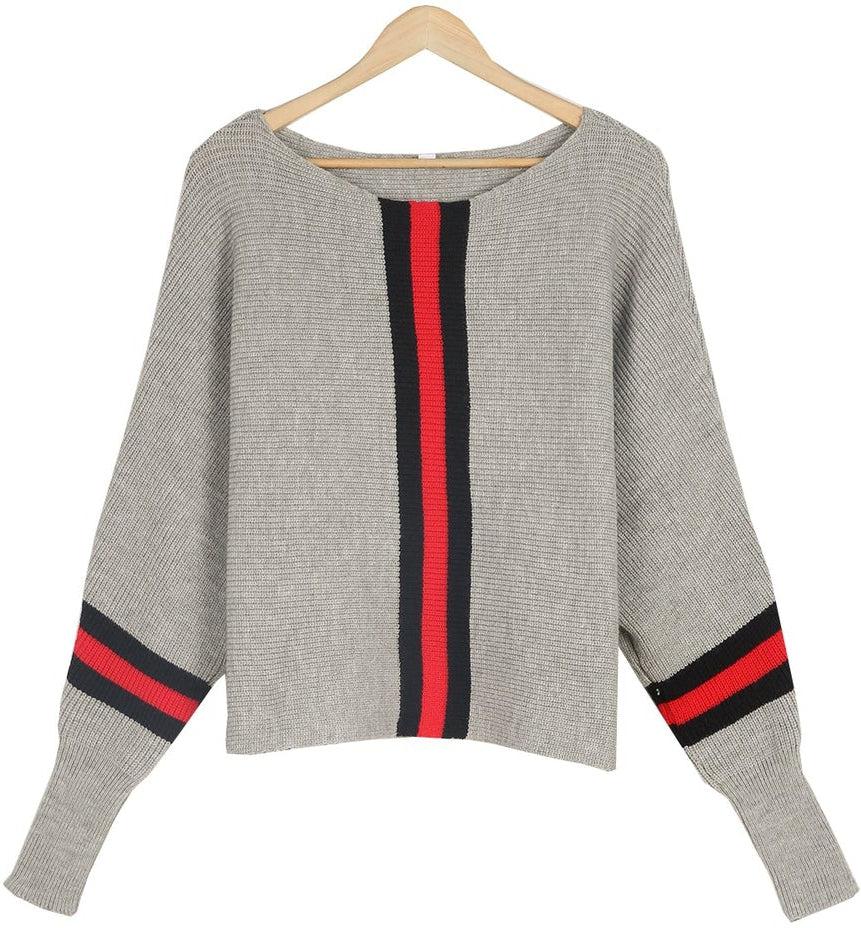 Drune | Grauer Dolman Pullover mit Roten Streifen