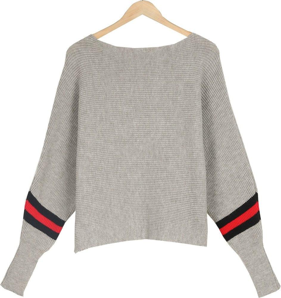 Drune | Grauer Dolman Pullover mit Roten Streifen