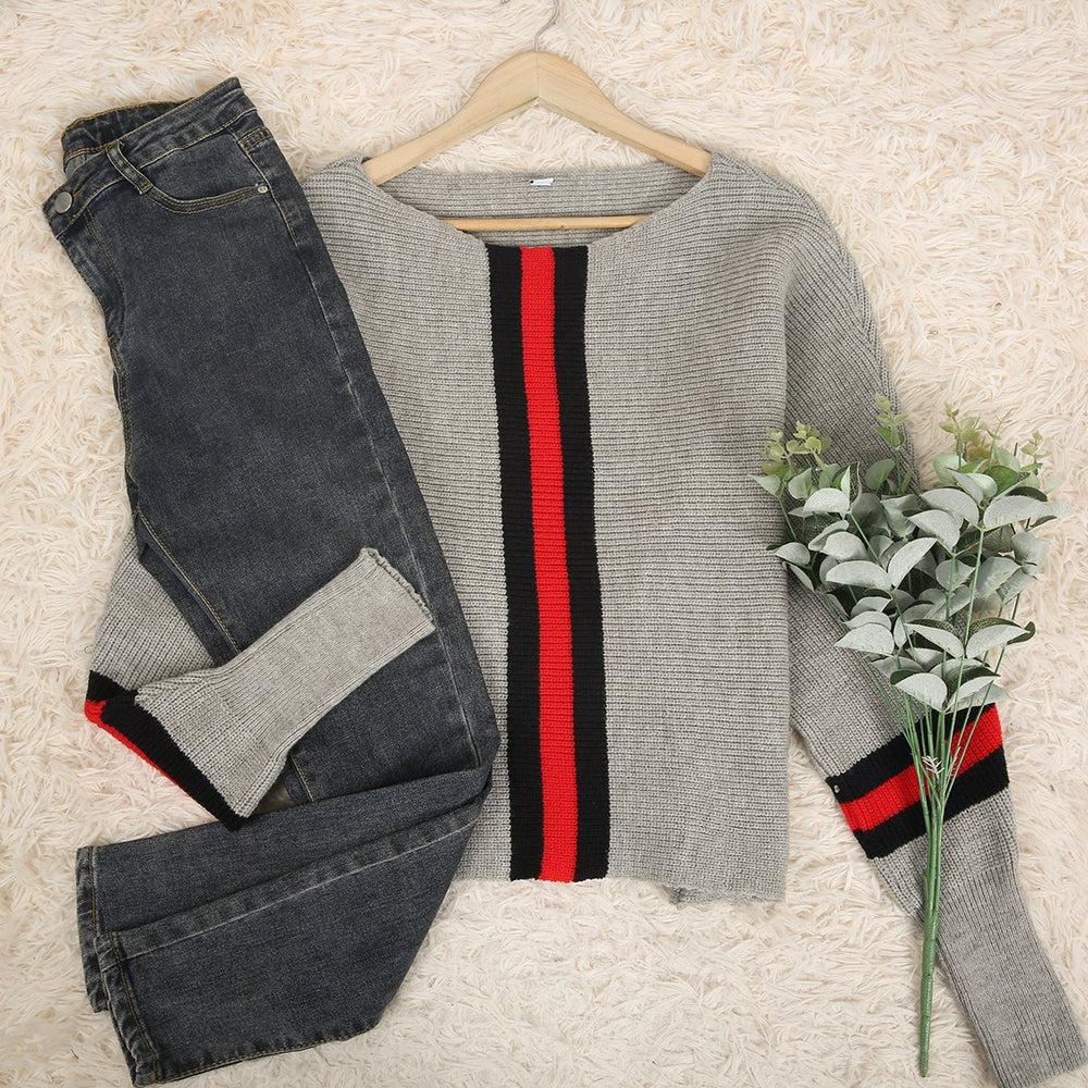 Drune | Grauer Dolman Pullover mit Roten Streifen